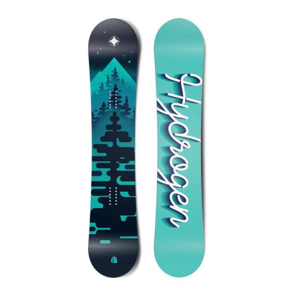 The top and bottom view of a snowboard. The top has view is turquoise and black with graphics of trees. The bottom view is turquoise with the word hydrogen written in cursive.