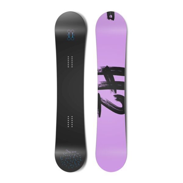 Top and bottom view of a snowboard. The top view shows stylized hydrogen bonds and the bottom view shows “H2” in a brush script typeface.