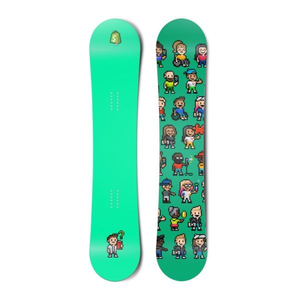 Top and bottom view of a snowboard. The top view shows a pixelated Shopify bag logo and a pixelated character reviewing a clipboard with a questioning expression with a bright green-blue background. The bottom view is a pattern of many pixel characters with a bright green-blue background.