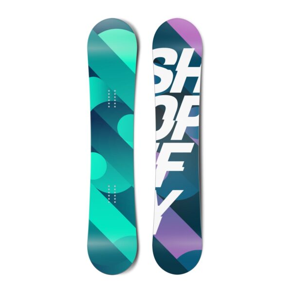 Top and bottom view of a snowboard. The top view shows abstract circles and lines in shades of teal. The bottom view shows abstract circles and lines in shades of purple and blue with the text “SHOPIFY” in a sans serif typeface on top.