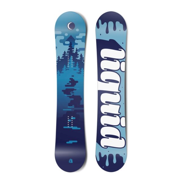 Top and bottom view of a snowboard. The top view shows a stylized scene of water, trees, mountains, sky and a moon in blue colours. The bottom view has a blue liquid, drippy background with the text “liquid” in a stylized script typeface.