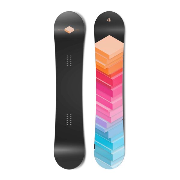 The top view and bottom view of a snowboard. The top view is black with a singular peach cube. The bottom view has a graphic of a stack of blocks in a gradient from light blue, to pink to peach.