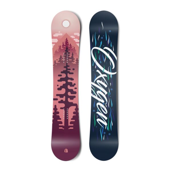 Top and bottom view of a snowboard. The top view shows a stylized scene of trees, mountains, sky and a sun in red colours. The bottom view has blue wavy lines in the background with the text “Oxygen” in a stylized script typeface.