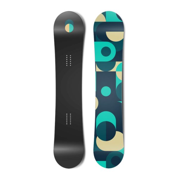 Top and bottom view of a snowboard. The top view shows a toggle at the top in shades of blue and yellow. The bottom view shows an abstract illustration of toggles in blues and yellows.