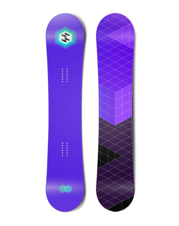 Top and bottom view of a snowboard. The top view shows a centred hexagonal logo for Hydrogen that appears to radiate outwards, as well as some overlapping hexagons at the bottom. The bottom view shows an abstract angular grid in purples.