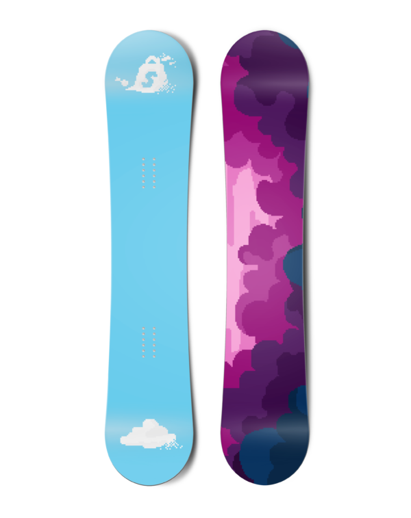 Top and bottom view of a snowboard. The top view shows pixelated clouds, with the top-most one being the shape of the Shopify bag logo. The bottom view has a pixelated cloudy sky with blue, pink and purple colours.